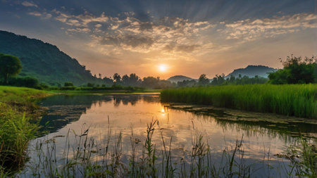 Beautiful sunset over the river in the countryside of Thailand, Panoramaの写真素材