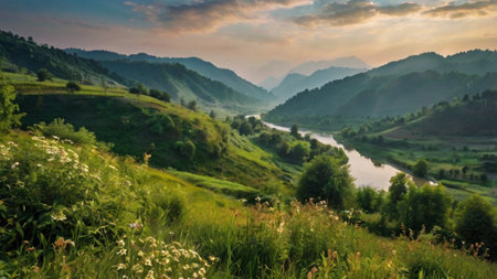 Landscape of mountains and river at sunset. Beautiful summer landscape.