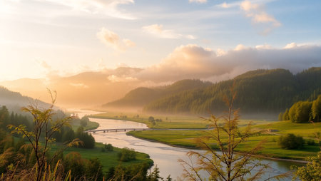 Sunrise over the river in the mountains. Beautiful summer landscape.の写真素材