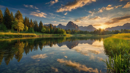 Sunset over the lake in the Dolomites, Italy.