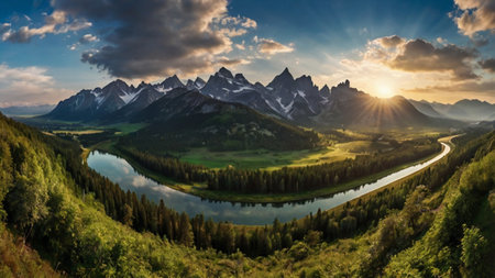 Panoramic view of the Alps mountains at sunset.の写真素材