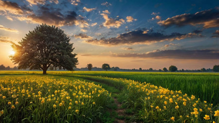 Sunset over a field of yellow tulips and a lonely tree