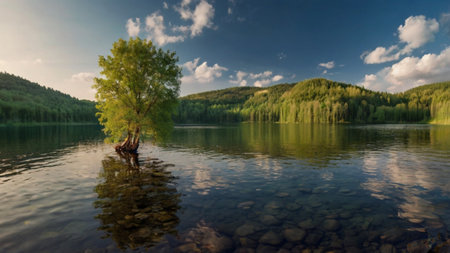 Beautiful summer landscape with a lonely tree on the shore of a lakeの写真素材
