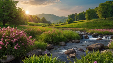 Beautiful summer landscape with mountain river and flowers in the meadowの写真素材