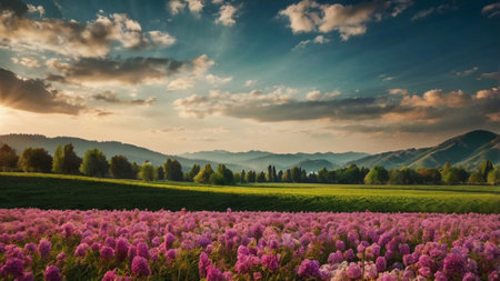 Beautiful spring landscape with pink flowers in the meadow and mountainsの写真素材