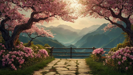 Beautiful spring landscape with blooming cherry blossom trees and stone pathway.