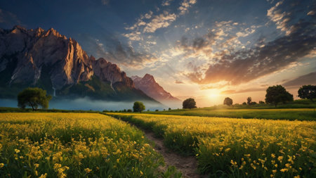 Sunset over the meadow with yellow flowers and mountains in the backgroundの写真素材