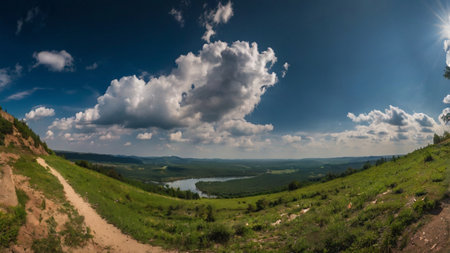 Panoramic view of the valley and the river. Beautiful summer landscape.