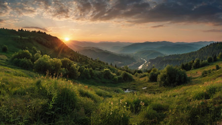 Beautiful sunset in the mountains landscape. Carpathian, Ukraineの写真素材