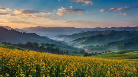 Sunset over the field of sunflowers and mountains on backgroundの写真素材