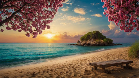 Tropical beach at beautiful sunset with blooming sakura treesの写真素材
