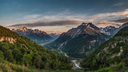 Panoramic view of the mountains at sunset in summerの写真素材