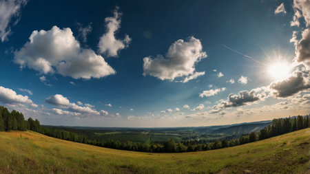 panoramic view of beautiful summer landscape with blue sky and cloudsの写真素材