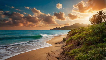 Beautiful seascape at sunset. Panoramic view.の写真素材