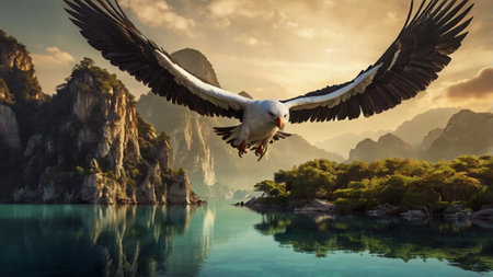 Eagle flying over a lake at sunset, 3d render.
