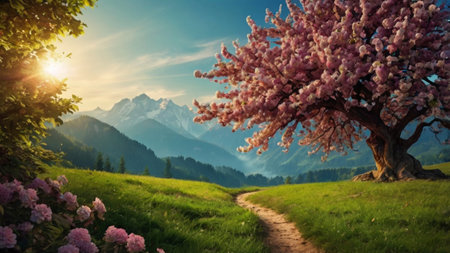 Beautiful spring landscape with blooming tree and mountains in the backgroundの写真素材