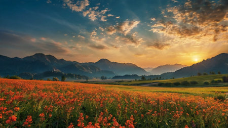 Sunset over a field of poppies with mountains in the background