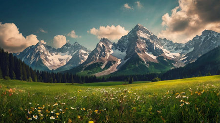 Beautiful panoramic view of the mountains and meadow.