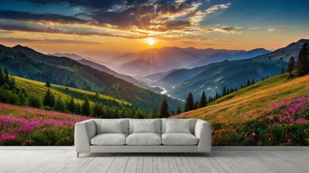 Sunset over the mountains with a sofa in the foreground. 3d rendering