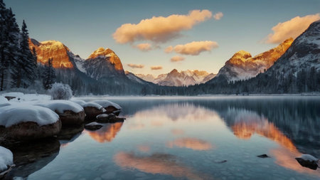 Beautiful winter landscape of Lake Misurina in Dolomites, Italy