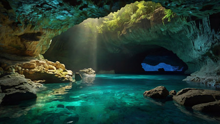 Cave with crystal clear turquoise water. 3d render