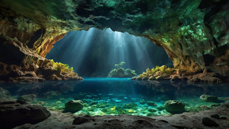 Underwater view of an underwater cave. 3D Rendering.