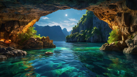 Beautiful view of the sea and the cave. 3d renderingの写真素材