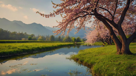 Cherry blossoms in spring with the river and mountains in the backgroundの写真素材