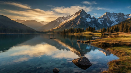 Mountain lake at sunrise. Beautiful landscape in the Canadian Rockies.
