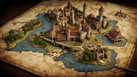 Medieval world map with medieval castle and tower. 3d renderingの写真素材