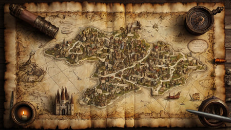 Antique map on a wooden background. Travel concept. 3d renderingの写真素材