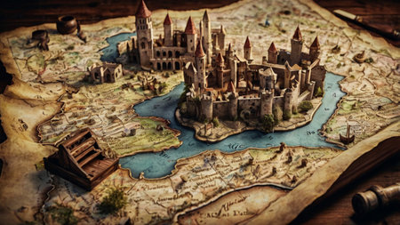 Medieval castle on a map. Travel concept. Selective focus.の写真素材