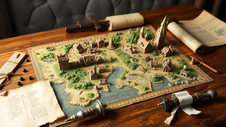 A closeup shot of a model of a medieval castle on a mapの写真素材