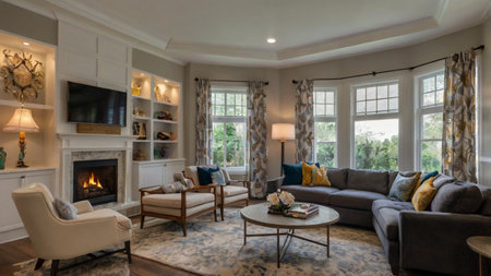 Living room in luxury home with fireplace and sofa. Northwest, USA