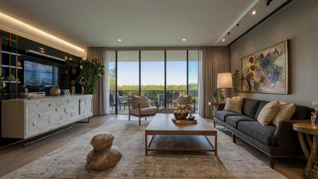 Interior of a modern living room with a view of the lake