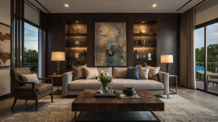 Luxury living room interior with sofa, coffee table, and bookshelfの写真素材