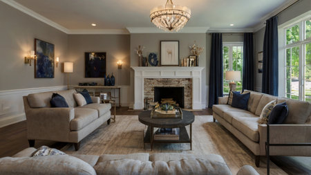 Luxury living room with fireplace and sofas. Nobody inside