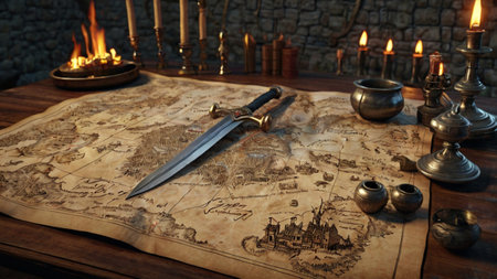 Ancient map and a dagger on the table. 3d illustration.の写真素材