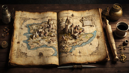 Antique map and compass on a wooden table. Travel concept.の写真素材