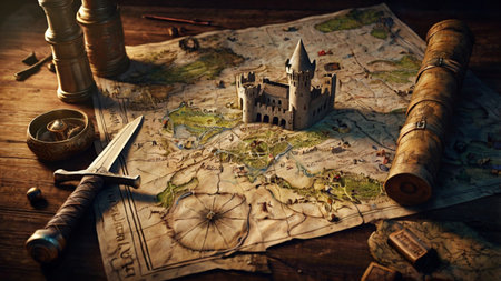 Ancient map with a castle and a compass on a wooden table.