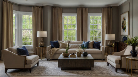 Luxury living room with beige sofa, coffee table and armchairs.の写真素材