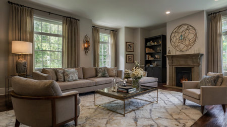 Luxury living room with fireplace and beige sofas