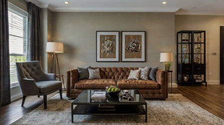 Luxury living room interior with brown leather sofa and black coffee table