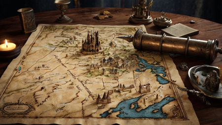 Vintage map, compass and candlestick on a dark background