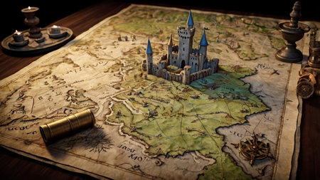 Fairy tale castle on the old map. 3d illustration.の写真素材