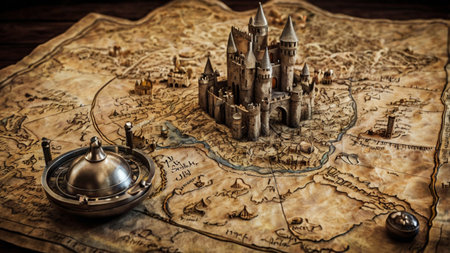 Medieval castle on old map. Travel concept. Vintage style.の写真素材