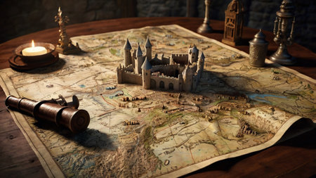Medieval castle on the old map. Medieval concept. Selective focus.の写真素材