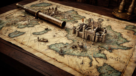 Trip to France. Old map and city on a wooden tableの写真素材