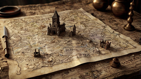 Vintage map with castle and quill pen. Travel concept.の写真素材