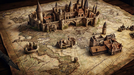 Medieval castle on the old map. Conceptual image of history.の写真素材